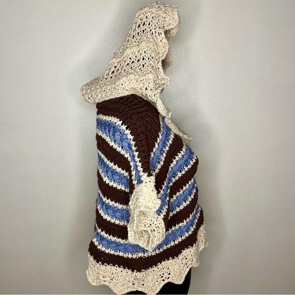 Zara Sweater Crochet Stripe Knit Short Sleeve Hooded V Neck Top Tan Blue Small - Picture 6 of 10